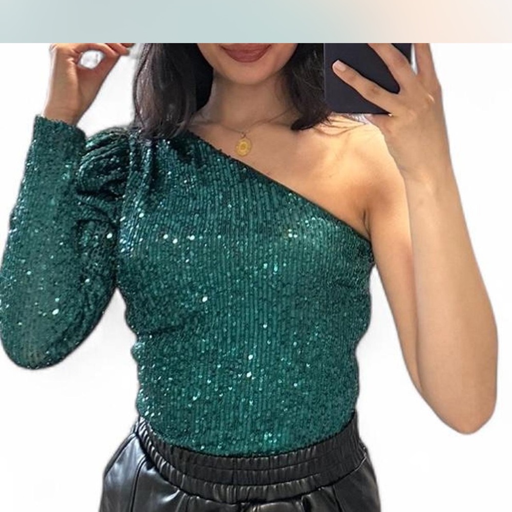 Teal Sequin One-Shoulder Blouse